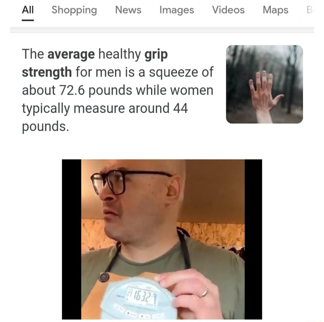 Al Shopping News Images Videos Maps The average healthy grip strength for men is a squeeze of about 726 pounds while women typically measure around 44 pounds