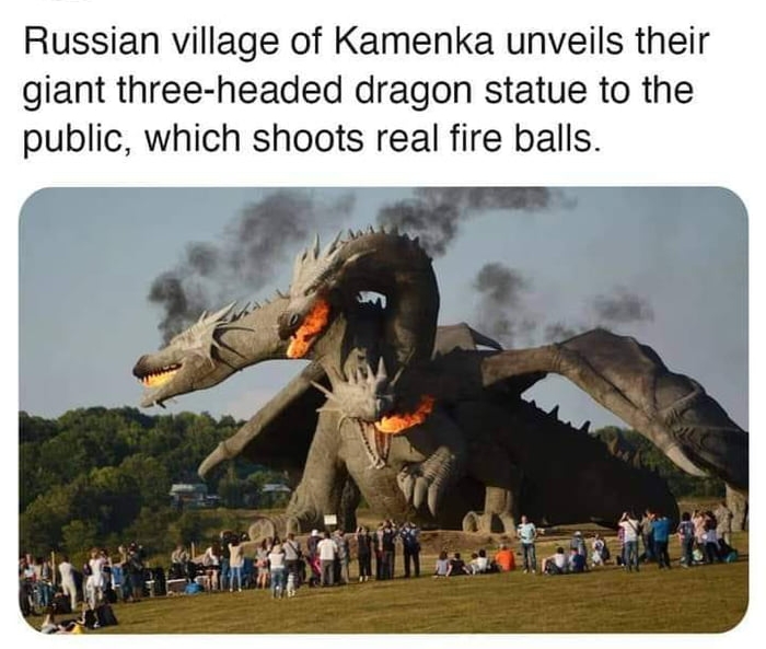 Russian village of Kamenka unveils their giant three headed dragon statue to the public which shoots real fire balls