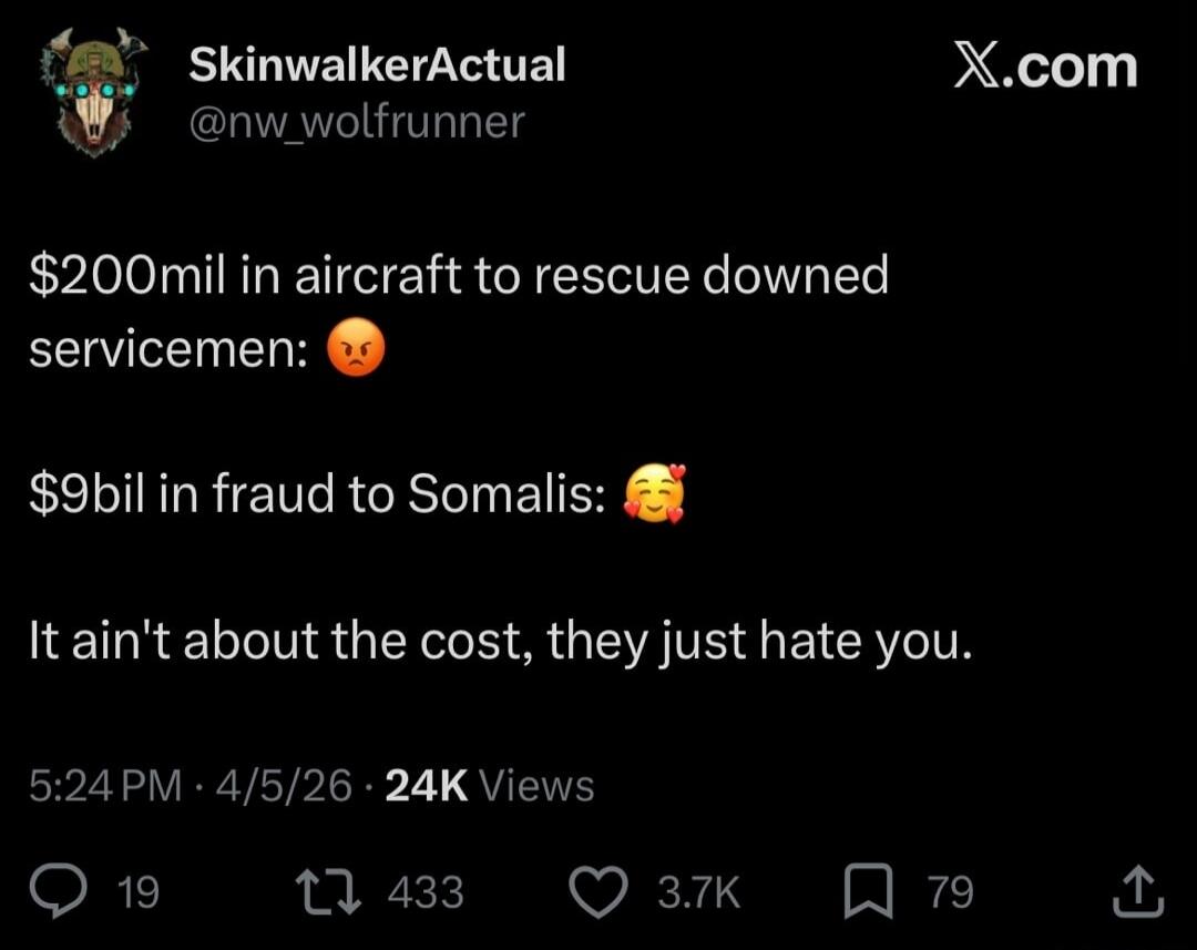 SkinwalkerActual @nw_wolfrunner $200mil in aircraft to rescue downed servicemen: 😡 $9bil in fraud to Somalis: 🥰 It ain't about the cost, they just hate you.