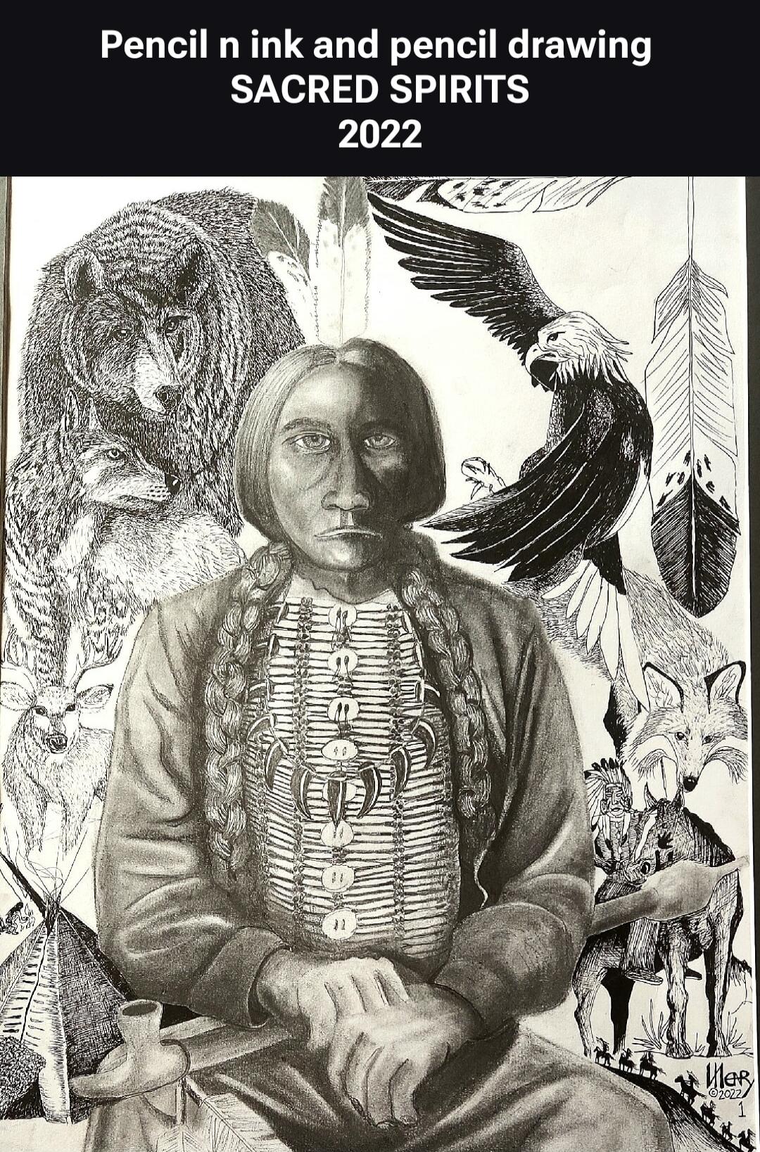 Pencil n ink and pencil drawing SACRED SPIRITS 2022