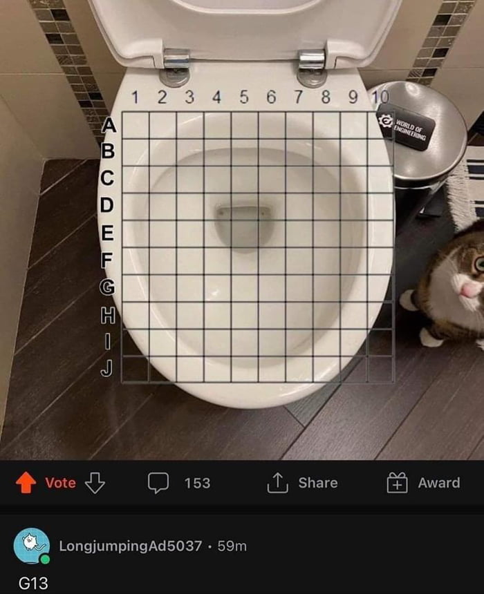 A grid with numbers 1 to 10 and letters A to J is overlaid on a toilet. A small object says 'WORLD OF ENGINEERING'. A Reddit post shows 'Vote', '153' comments, 'Share', 'Award', and a user 'LongjumpingAd5037' commented 'G13'.
