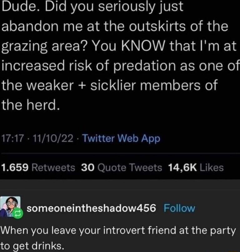 BVeSHN Blle BeIVE ICT oIV I VIS S abandon me at the outskirts of the grazing area You KNOW that Im at increased risk of predation as one of the weaker sicklier members of LQEREICN 1717 111022 Twitter Web App QG RRENTEE S NN CRINER S E X G REE msomeoneintheshadow456 Follow When you leave your introvert friend at the party to get drinks