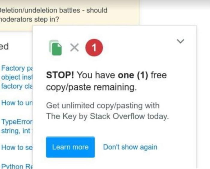 eletionundeletion battles should 1oderators step in 2d Factory p object ins factory cle How to un TypeError string int How to se Pvthon Re 50 STOP You have one 1 free copypaste remaining Get unlimited copypasting with The Key by Stack Overflow today Dont show again