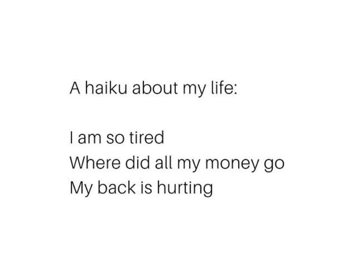 A haiku about my life I am so tired Where did all my money go My back is hurting