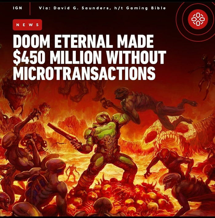 16N Via David G Saunders ht Gaming Bible DOOM ETERNAL MADE 450 MILLION WITHOUT MICROTRANSACTIONS