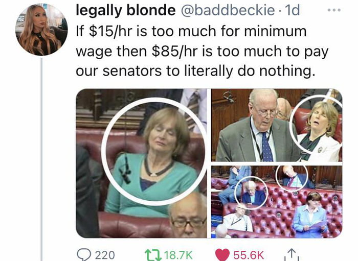 legally blonde baddbeckie 1d If 15hr is too much for minimum wage then 85hr is too much to pay our senators to literally do nothing 290 11187K