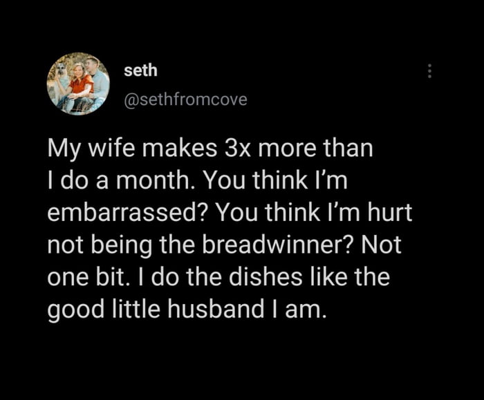 seth sethfromcove WAV CRELCER N NI GET do a month You think Im embarrassed You think Im hurt not being the breadwinner Not one bit do the dishes like the good little husband am