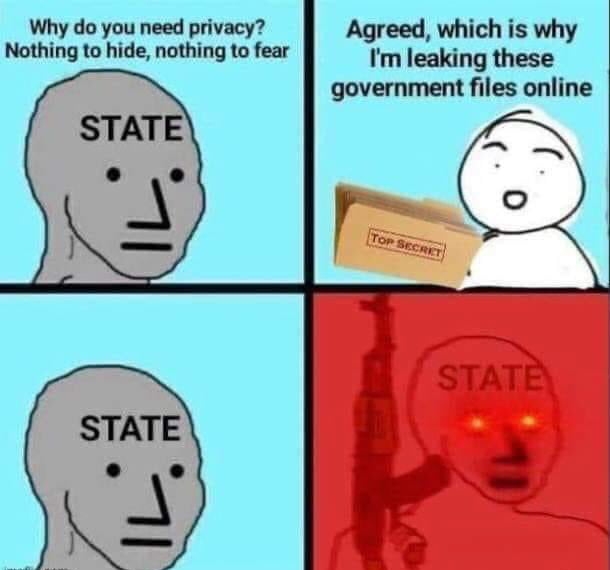 Why do you need privacy Agreed which is why Nothing to hide nothing to fear Im leaking these government files online