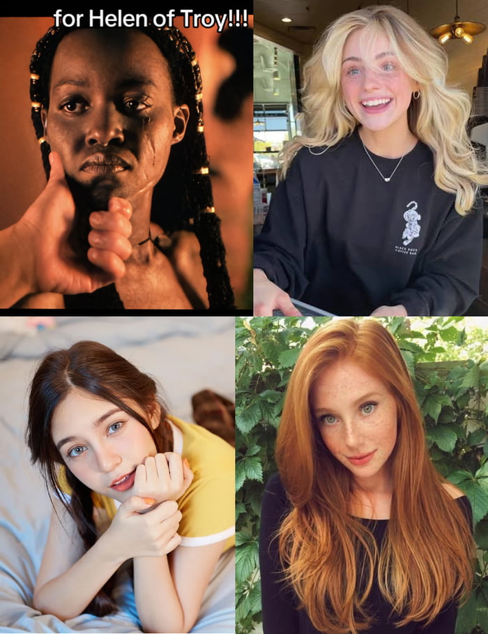 for Helen of Troy!!! A collage featuring four women: a distressed woman with braids, a smiling blonde woman, a woman with dark hair and light eyes in a yellow top, and a red-haired woman with freckles.
