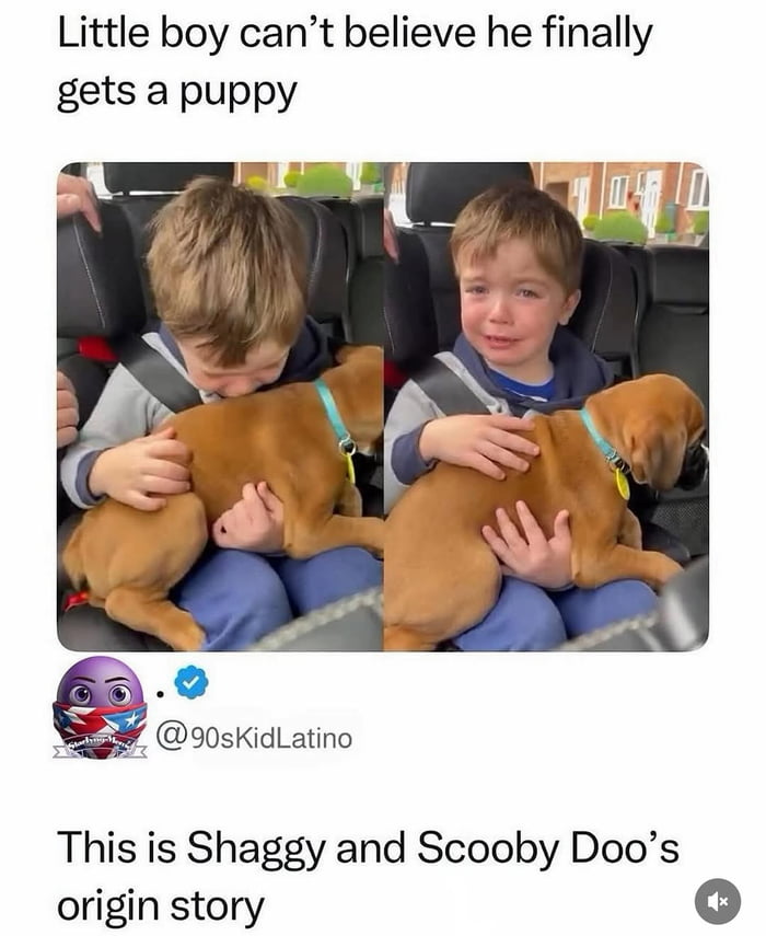 Little boy can’t believe he finally gets a puppy. This is Shaggy and Scooby Doo’s origin story