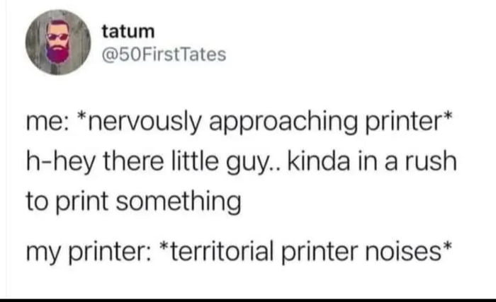 me: *nervously approaching printer* h-hey there little guy.. kinda in a rush to print something my printer: *territorial printer noises*