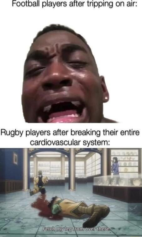 Football players atter tripping on air Rugby players after breaking their entire cardiovascular system