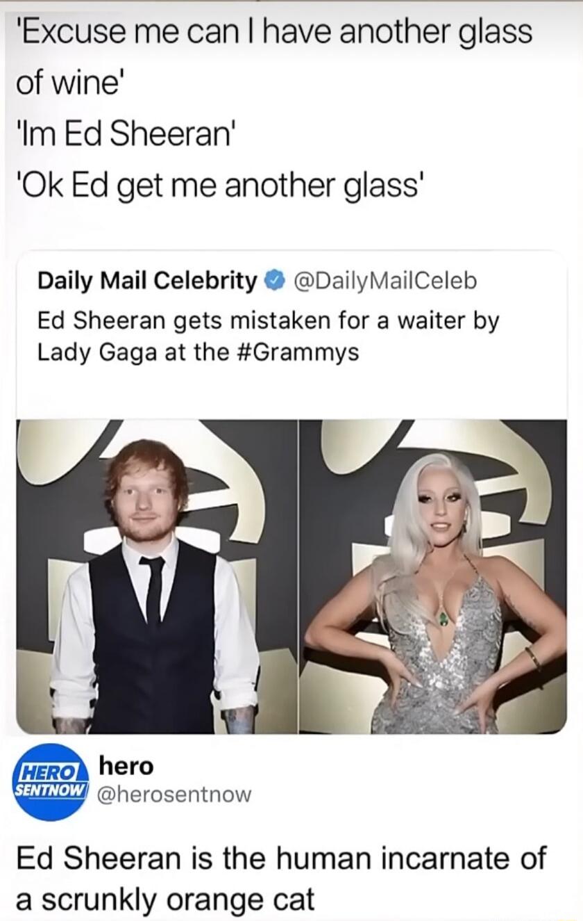 'Excuse me can I have another glass of wine' 'I'm Ed Sheeran' 'Ok Ed get me another glass' Daily Mail Celebrity Ed Sheeran gets mistaken for a waiter by Lady Gaga at the #Grammys Ed Sheeran is the human incarnate of a scrunkly orange cat