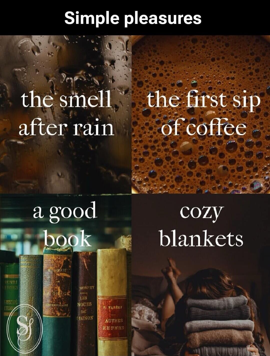 Simple pleasures
the smell after rain
the first sip of coffee
a good book
cozy blankets