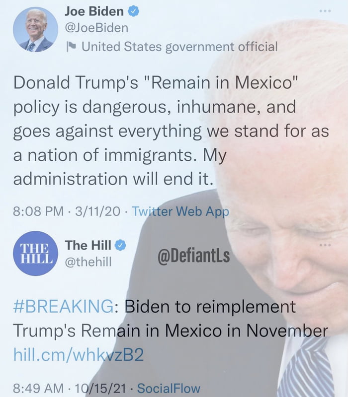 Joe Biden JoeBiden United States government official Donald Trumps Remain in Mexico policy is dangerous inhumane and goes against everything we stand for as a nation of immigrants My administration will end it 808 PM 31120 Twj The Hill thehill BREAKING Trumps Rem hillcmwh 849 AM 1 4