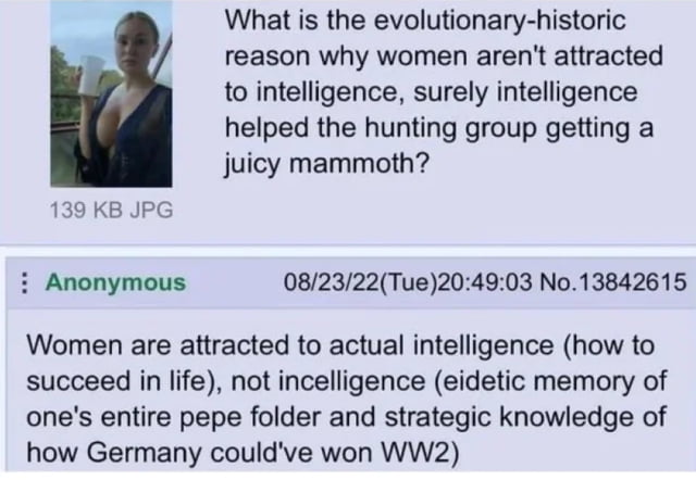 What is the evolutionary historic reason why women arent attracted to intelligence surely intelligence helped the hunting group getting a juicy mammoth 139 KB JPG Anonymous 082322Tue204903 No13842615 Women are attracted to actual intelligence how to succeed in life not incelligence eidetic memory of ones entire pepe folder and strategic knowledge of how Germany couldve won WW2