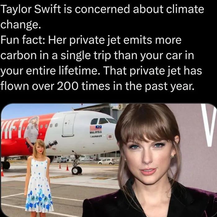 Taylor Swift is concerned about climate change Fun fact Her private jet emits more carbon in a single trip than your car in LI NI CHT T CR G EY R TIVE CR S BT flown over 200 times in the past year