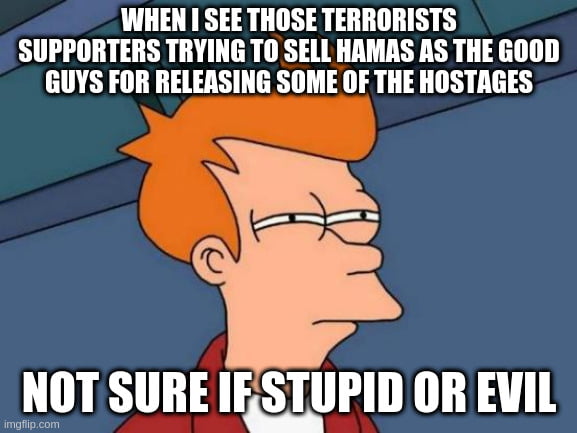 WHEN I SEE THOSE TERRORISTS SUPPORTERS TRYING TO SELL HAMAS AS THE GOOD GUYS FOR RELEASING SOME OF THE HOSTAGES NOT SURE IESTUPID OR EVIL