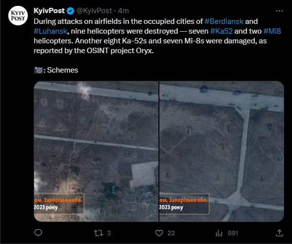 KyivPost 1ot 4 During attacks on airfelds in the occupied cities of e1cnsk and Luhansk nine helicopters were destroyed seven 1552 and two 1113 heficopters Another eight Ka 525 and seven Mi 8s were damaged as reported by the OSINT project Oryx 785 Schemes