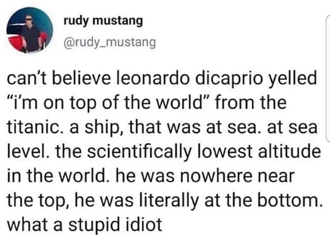 rudy mustang rudy_mustang cant believe leonardo dicaprio yelled im on top of the world from the titanic a ship that was at sea at sea level the scientifically lowest altitude in the world he was nowhere near the top he was literally at the bottom what a stupid idiot