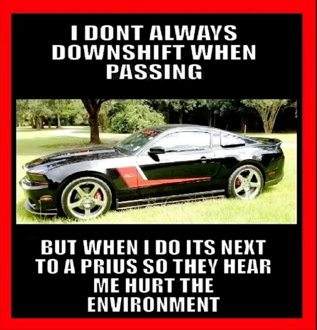 1 DONT ALWAYS DOWNSHIFT WHEN PASSING v o BUT WHEN I DO ITS NEKT TO APRIUS SO THEY HEAR ME HURT THE ENVIRONMENT