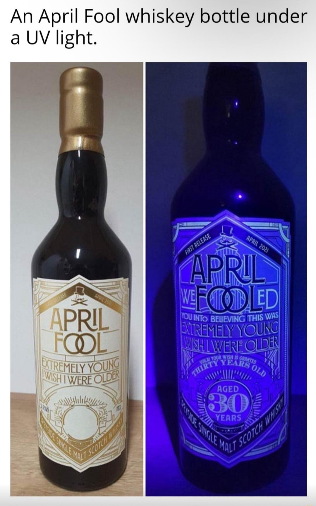 An April Fool whiskey bottle under a UV light