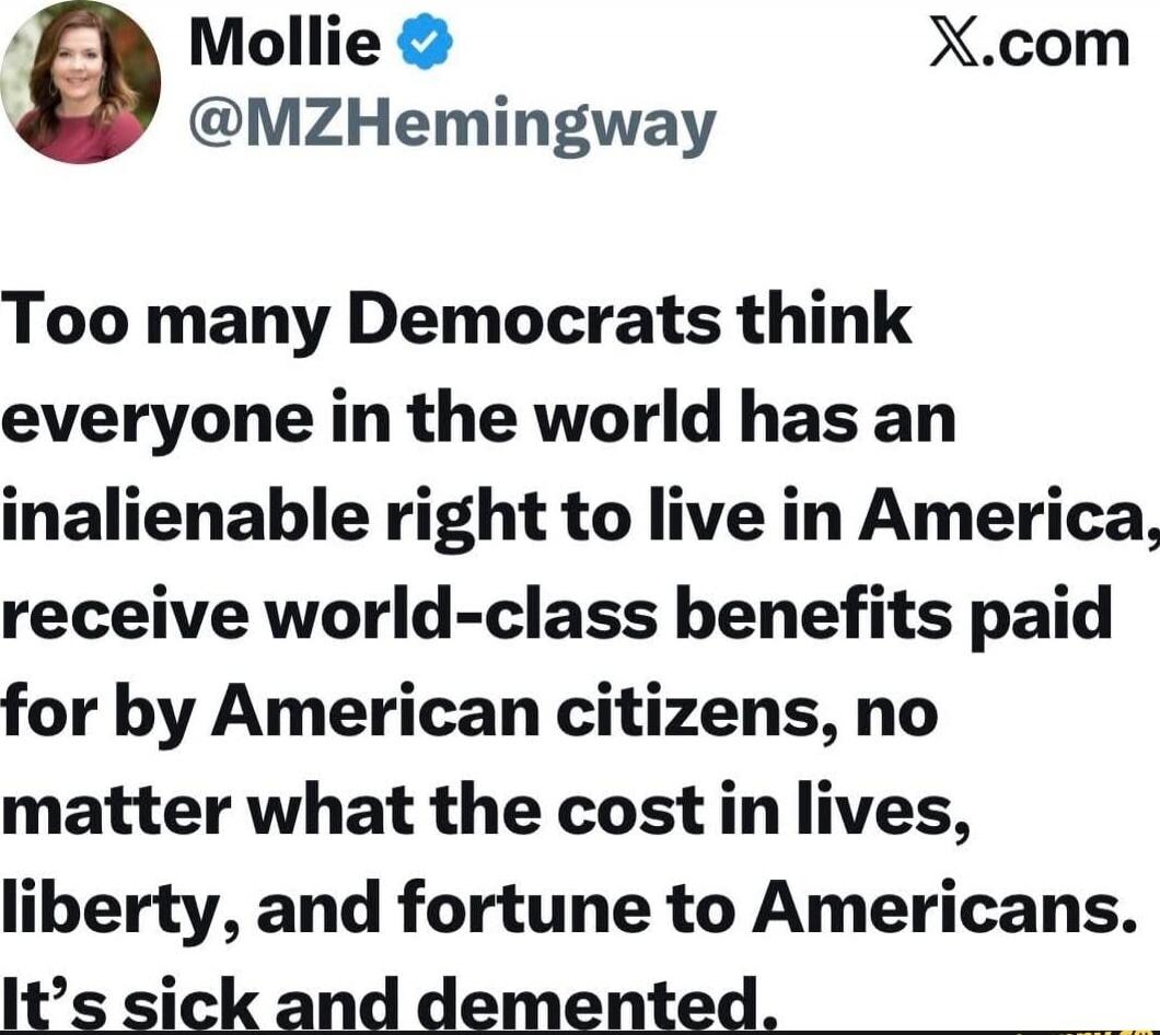 Mollie @MZHemingway X.com Too many Democrats think everyone in the world has an inalienable right to live in America, receive world-class benefits paid for by American citizens, no matter what the cost in lives, liberty, and fortune to Americans. It's sick and demented.