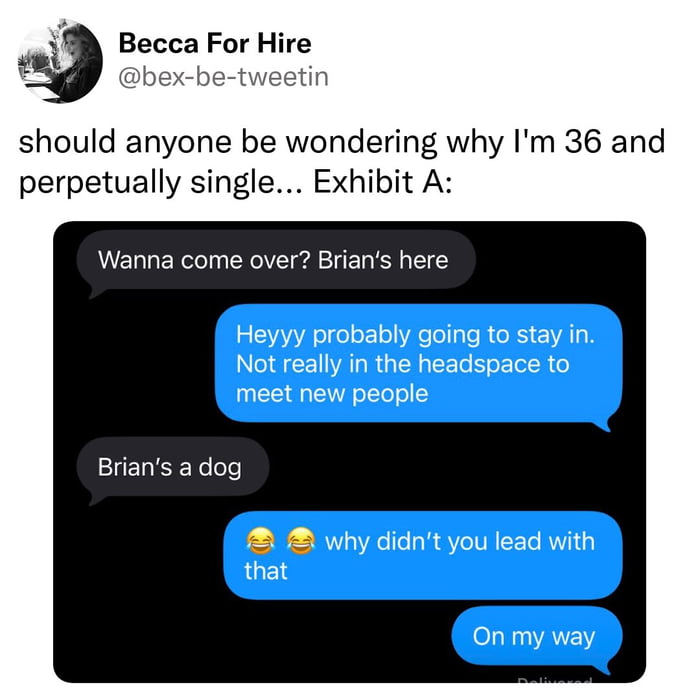 Becca For Hire @bex-be-tweetin should anyone be wondering why I'm 36 and perpetually single... Exhibit A: Wanna come over? Brian's here Heyyy probably going to stay in. Not really in the headspace to meet new people Brian's a dog why didn't you lead with that On my way