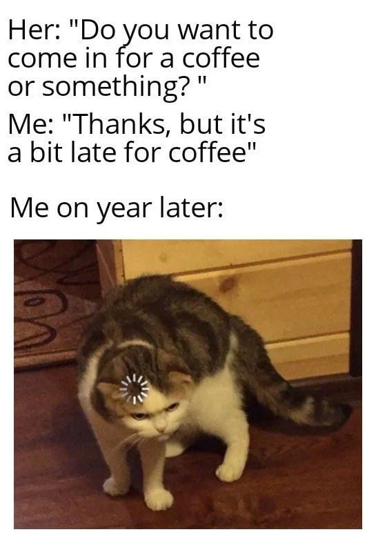 Her Do you want to come in for a coffee or something Me Thanks but its a bit late for coffee Me on year later