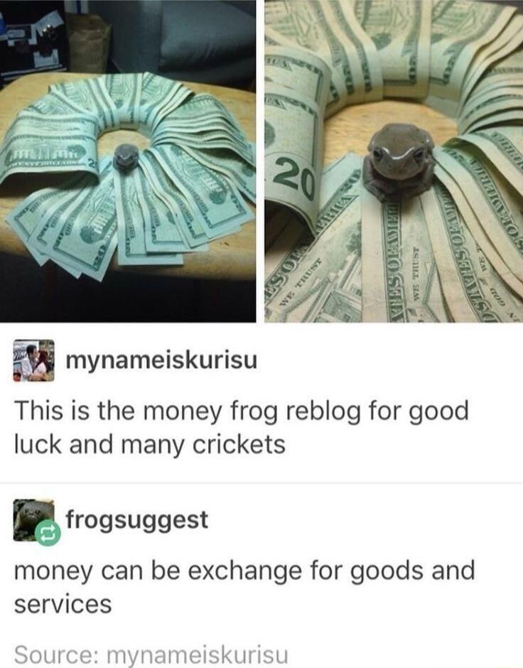 a mynameiskurisu This is the money frog reblog for good luck and many crickets r frogsuggest money can be exchange for goods and services