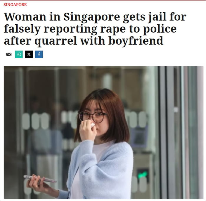 Woman in Singapore gets jail for falsely reporting rape to police after quarrel with boyfriend g