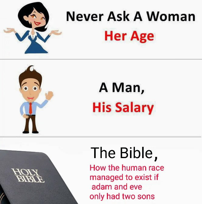 Q Never Ask A Woman Her Age A Man His Salary The Bible How the human race managed to exist if adam and eve only had two sons