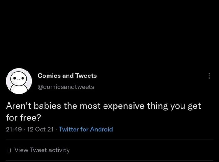 Comics and Tweets comicsandtweets Arent babies the most expensive thing you get for free AR X el A IO WL TR TN Te 1T il View Tweet activity