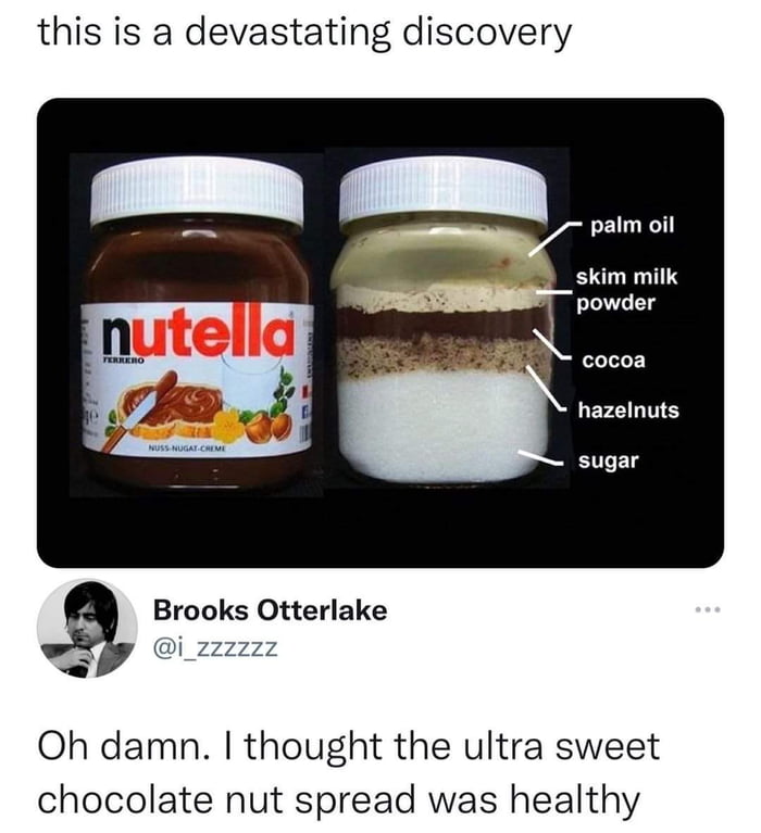 this is a devastating discovery skim milk powder cocoa LEFZININE sugar Brooks Otterlake i_zzzzzz Oh damn thought the ultra sweet chocolate nut spread was healthy