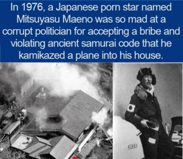 In 1976 a Japanese porn star named Mitsuyasu Maeno was so mad ata corrupt politician for accepting a bribe and violating ancient samurai code that he kamikazed a plane into his house