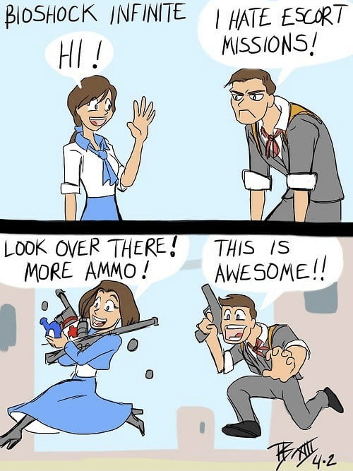 BIOSHOCK INFINITE yATE ESCRT HI HisSIONS L 0OK OER THERE THIS IS MORE AMMO AWESOME