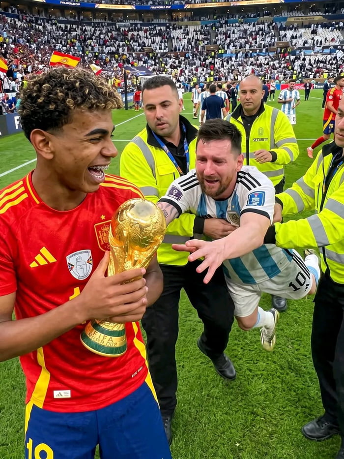 A young man in a red jersey, possibly a fan or a player, is holding the FIFA World Cup trophy and laughing joyfully. Lionel Messi, wearing an Argentina jersey with number 10, is being carried by security personnel with 'SECURITY' written on their vests and appears to be crying or in distress. The scene takes place on a football field with a large c