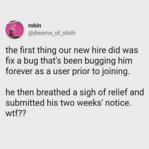 the first thing our new hire did was fix a bug that's been bugging him forever as a user prior to joining. he then breathed a sigh of relief and submitted his two weeks' notice. wtf??