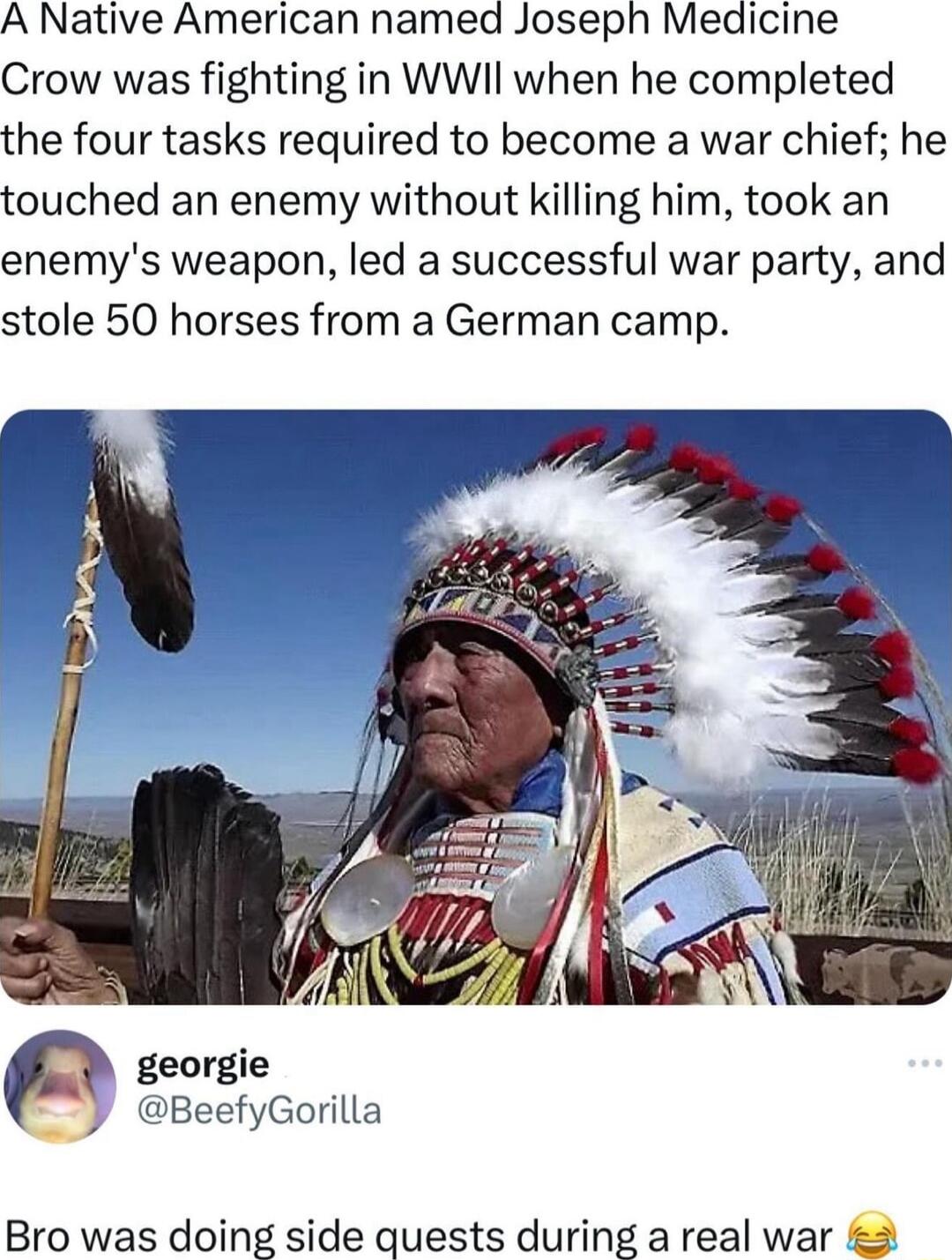 A Native American named Joseph Medicine Crow was fighting in WWII when he completed the four tasks required to become a war chief he touched an enemy without killing him took an enemys weapon led a successful war party and stole 50 horses from a German camp georgie BeefyGorilla Bro was doing side quests during a real war 3