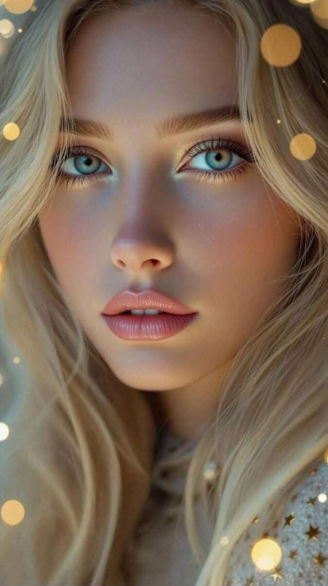 Portrait of a blonde woman with blue eyes, soft makeup, and warm bokeh lights in the background.