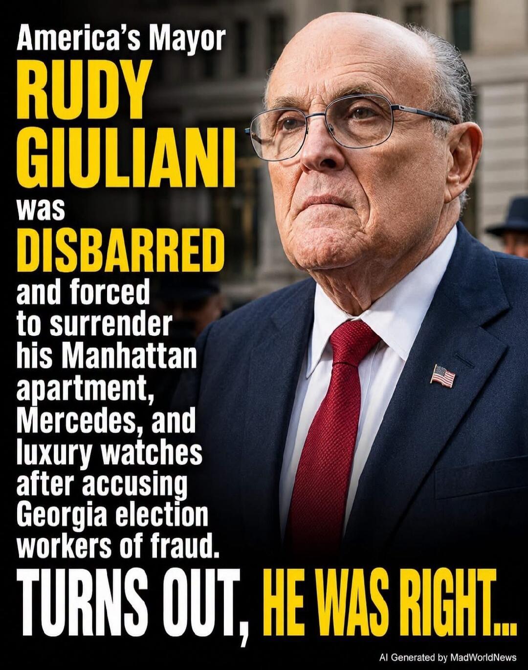 America's Mayor RUDY GIULIANI was DISBARRED and forced to surrender his Manhattan apartment, Mercedes, and luxury watches after accusing Georgia election workers of fraud. TURNS OUT, HE WAS RIGHT... AI Generated by MadWorldNews
