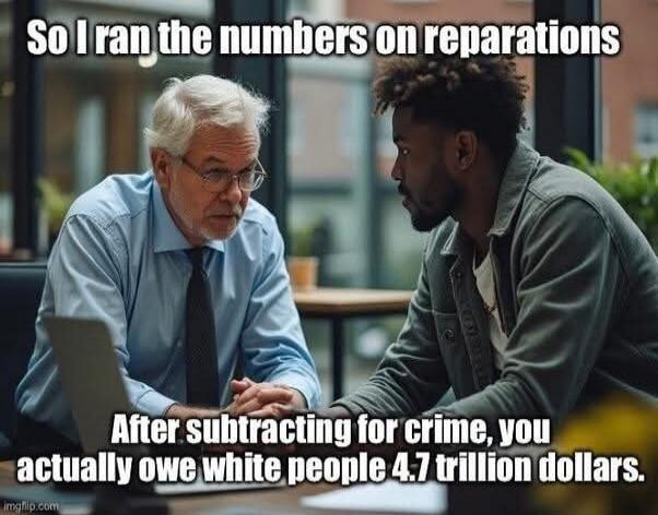 So I ran the numbers on reparations After subtracting for crime, you actually owe white people 4.7 trillion dollars.