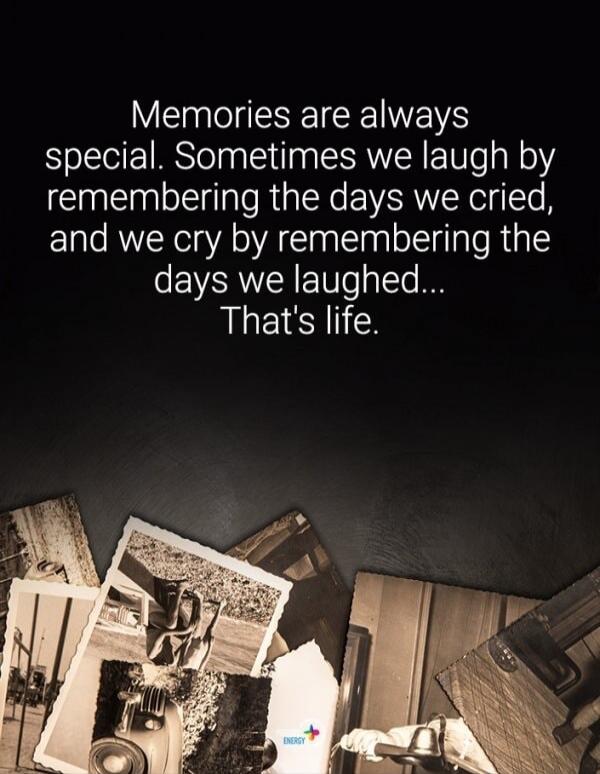 Memories are always special. Sometimes we laugh by remembering the days we cried, and we cry by remembering the days we laughed... That's life.