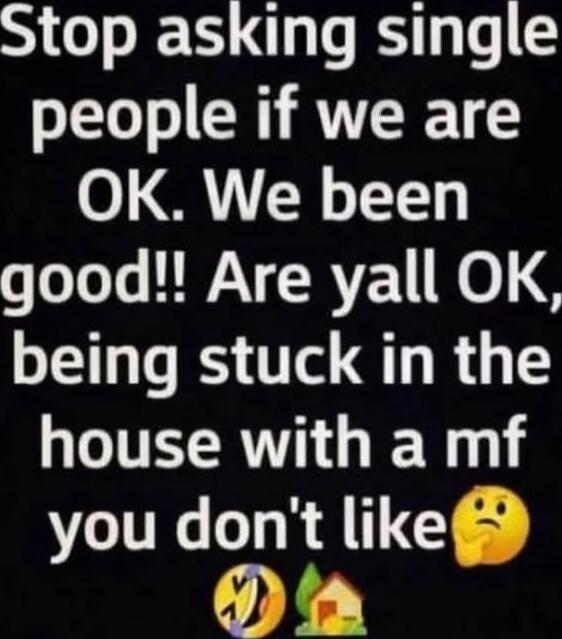 Stop asking single people if we are OK. We been good!! Are yall OK, being stuck in the house with a mf you don't like 🤔🤣🏡