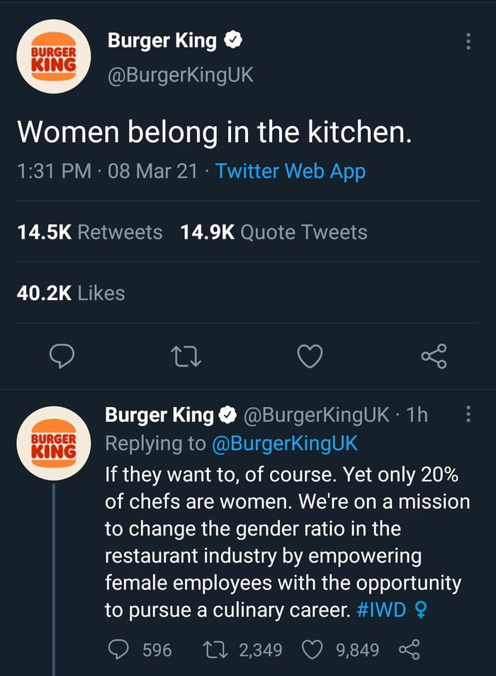 Burger King BurgerKinguUK Women belong in the kitchen 131 PM 08 Mar 21 Twitter Web App 145K Retweets 149K Quote Tweets 402K Likes 0 Y 3 Burger King BurgerKingUK 1h Replying to BurgerKingUK If they want to of course Yet only 20 of chefs are women Were on a mission to change the gender ratio in the restaurant industry by empowering female employees with the opportunity to pursue a culinary career IW