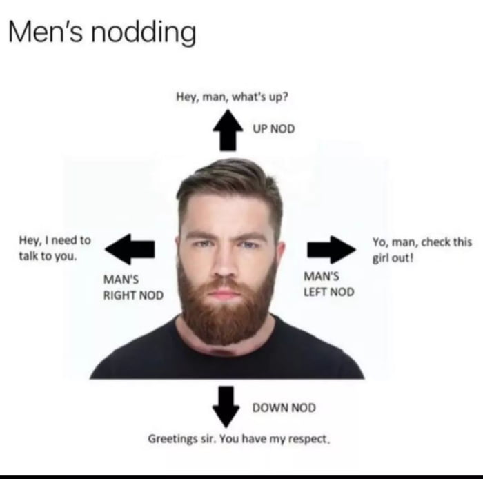 Mens nodding Hey man whats up UP NOD Hey need to talk to you MANS RIGHT NOD Yo man check this MANS LEFT NOD DOWN NOD Greetings sir You have my respect