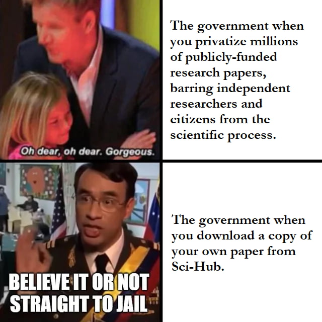 A h dear oh dear Gorgeous The government when you privatize millions of publicly funded research papers barring independent researchers and citizens from the scientific process The government when you download a copy of your own paper from Sci Hub