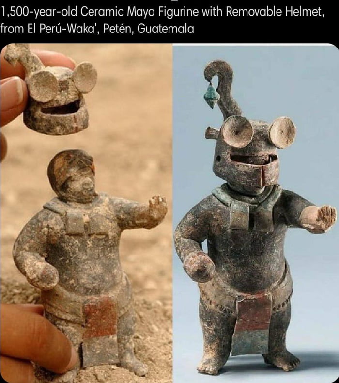 1500 year old Ceramic Maya FigLrine with Removable Helmet from El Per Waka Petn Guatemala