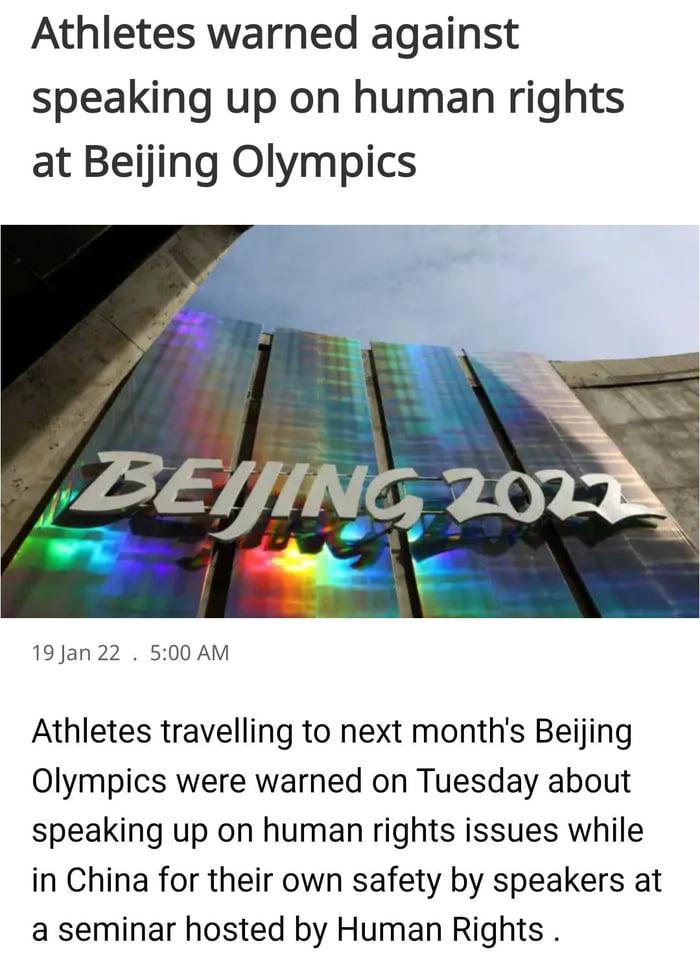 Athletes warned against speaking up on human rights at Beijing Olympics BEMING 20 e 19Jan 22 500 AM Athletes travelling to next months Beijing Olympics were warned on Tuesday about speaking up on human rights issues while in China for their own safety by speakers at a seminar hosted by Human Rights