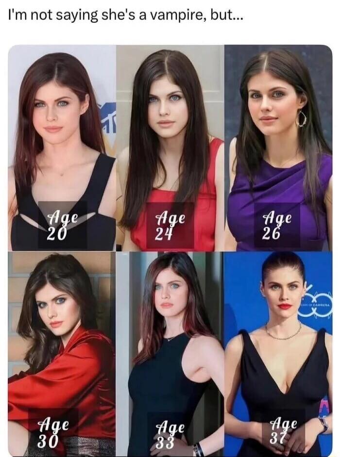I'm not saying she's a vampire, but... 
Age 20, Age 24, Age 26, Age 30, Age 33, Age 37